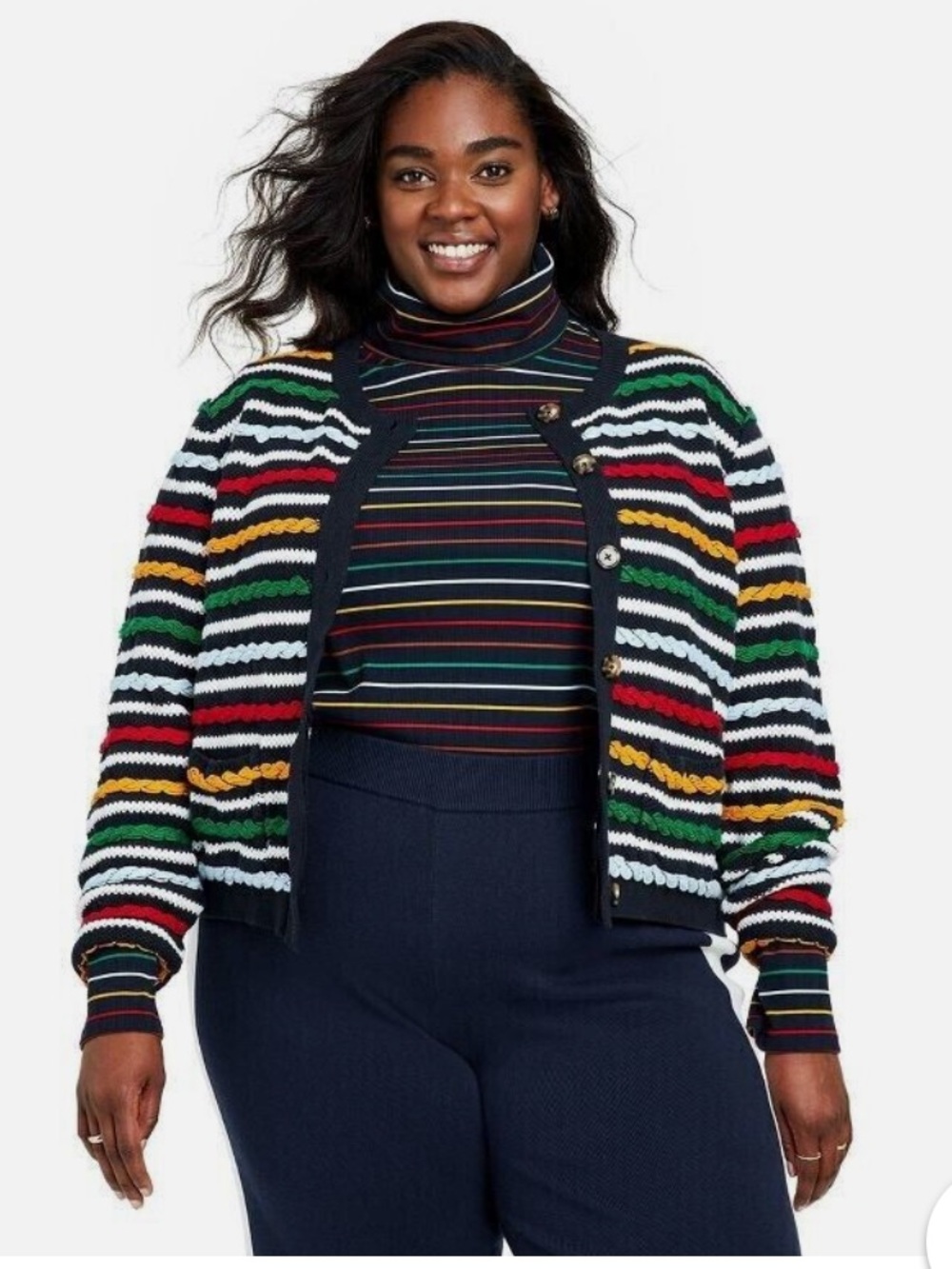 La Ligne x Target Women 2X Textured Striped Cardigan Sweater Navy Cotton